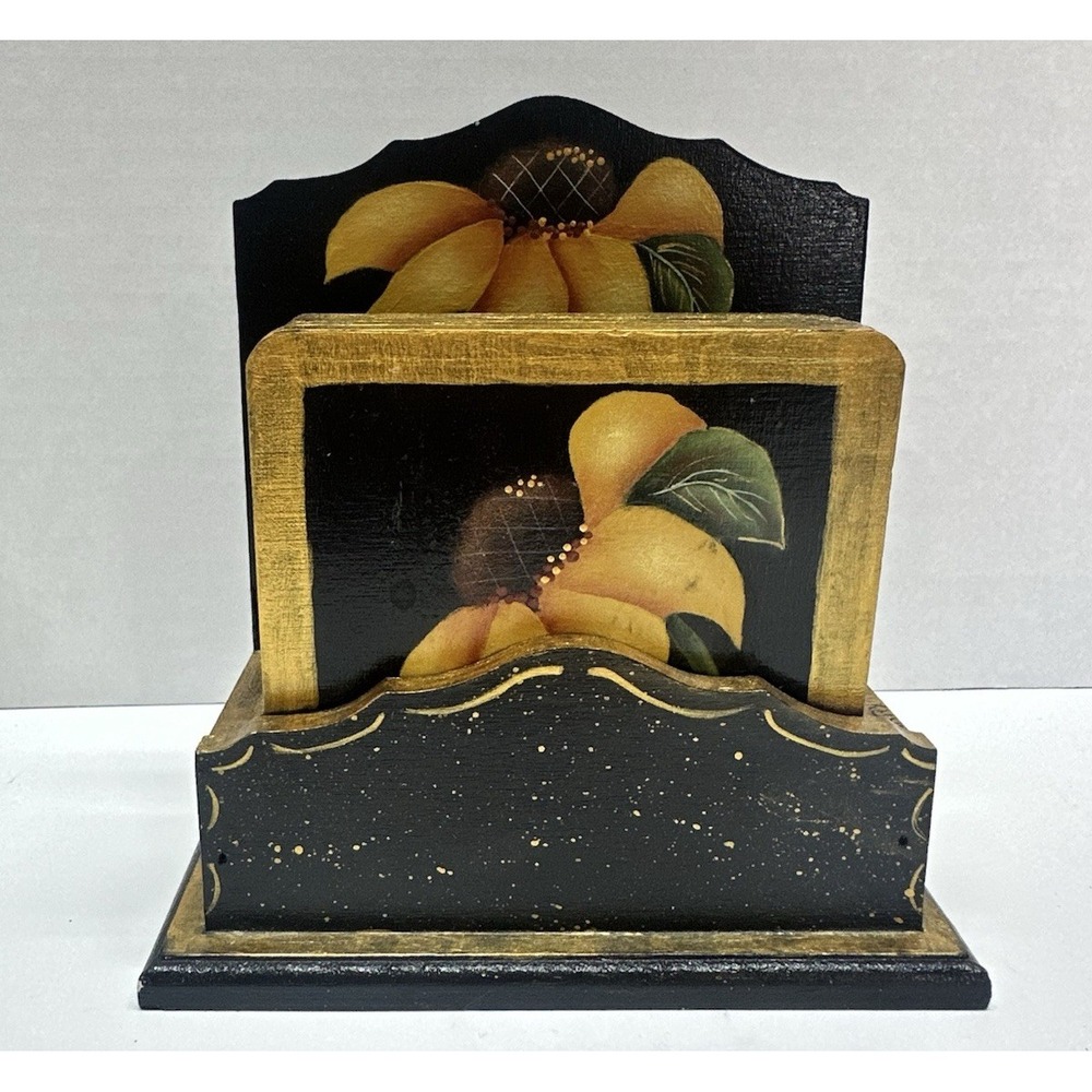 Wooden Hand Painted Sunflower Drink Coaster Set of 6 with Holder